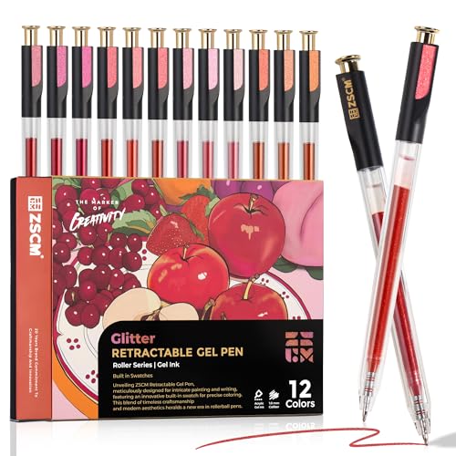 Retractable Glitter Gel Pens, 12 Colors Large Capacity Red Pink Glitter Metallic Gel Ink Pens, 1 mm Fine Point Smooth Writing Color Pens for Adult Coloring Book Note Taking Aesthetic Art Supplies - color: 12 Red Pink