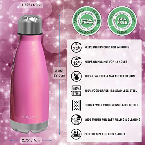 CHILLOUT LIFE 12oz Kids Insulated Stainless Steel Water Bottle, Leak Proof | Small Metal Water Bottle, Keeps Drinks Cold 24H & Hot 12H, Leak-Proof Screw Lid, Perfect for School, Travel & Sports - color: Pink Sparkle