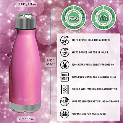 CHILLOUT LIFE 12oz Kids Insulated Stainless Steel Water Bottle, Leak Proof | Small Metal Water Bottle, Keeps Drinks Cold 24H & Hot 12H, Leak-Proof Screw Lid, Perfect for School, Travel & Sports - color: Pink Sparkle