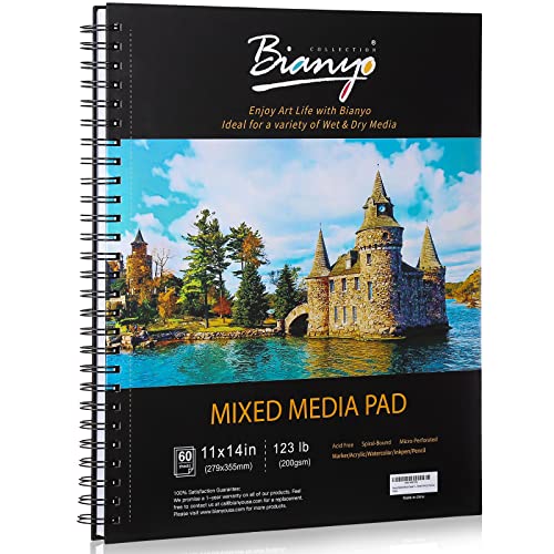 Bianyo Mixed Media Paper Sketchbook, 11" X 14", 60 Sheets/Each, 123 LBS/200 GSM, Spiral-Bound Pad, Perforated, Ideal for Wet & Dry Media Like Marker, Watercolor, Acrylic, Pastel, Pencil - size: 11*14", 60 sheets