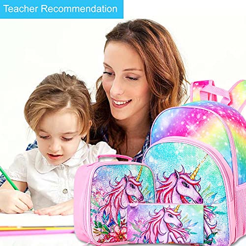 gxtvo 3PCS Girls Backpack, 16" Sequin Prechool Elementary Bookbag and Lunch Box - color: Unicorn Pink02