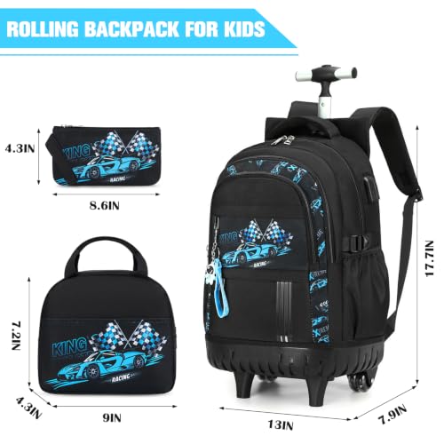 ACESAK Rolling Backpack for Boys, Kids Backpack with Wheels Portable with Insulated Lunch Box & Pencil Case, Multi-Pocket Roller Backpack for Preschool Kindergarten Kids Boys Travel(Blue Car) - color: Blue Car
