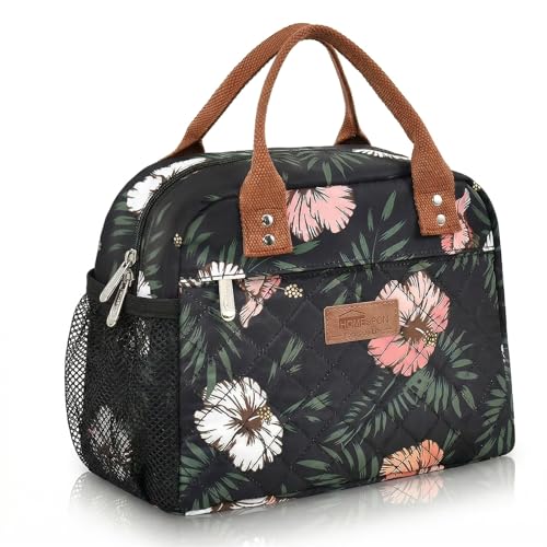 HOMESPON Insulated Lunch Bag for Women Men, Cooler Tote Box, Green Leaves | Front Pocket, Side Mesh Pockets, Reusable, for Work, Picnic, Food Container - color: Floral