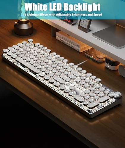 Typewriter Keyboard, Wired Mechanical, 104-Key, Silver White | Hot Swappable, Volume Knob, White Backlight, Linear Switches, Aluminum Panel, Full Size Layout, 26-Key Rollover