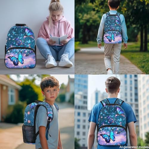 Blue Butterfly Backpack Set for Girls 6-12, Elementary Kids School Bookbag with Insulated Lunch Box, Pencil Case & Water Bottle Holder for Back to School - color: Blue Butterfly