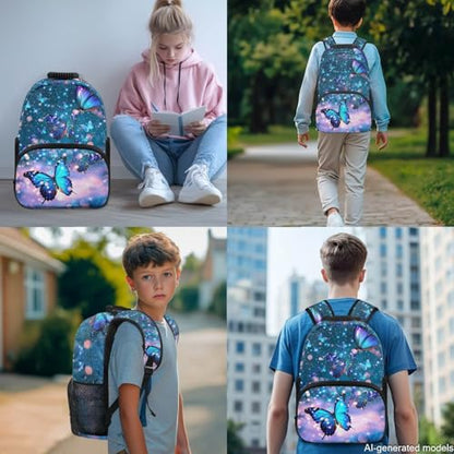 Blue Butterfly Backpack Set for Girls 6-12, Elementary Kids School Bookbag with Insulated Lunch Box, Pencil Case & Water Bottle Holder for Back to School - color: Blue Butterfly