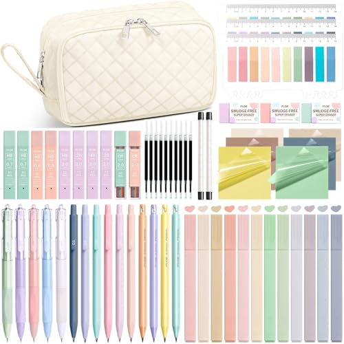 62PCS Aesthetic School Supplies with Cute Pencil Case, Pastel Highlighters Black Ink Gel Pens Mechanical Pencils Kit, Back to School Supplies College Essentials Preppy Stationary Set for Student Girls - color: Beige