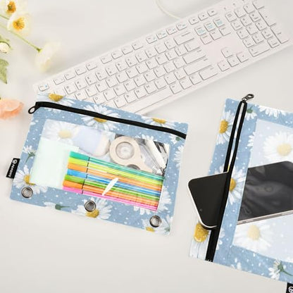 2 Pack Pencil Pouches for 3 Ring Binder Daisy Blue Zipper Pencil Case Bags with Clear Window for Classroom School Office Supplies - color: Daisy