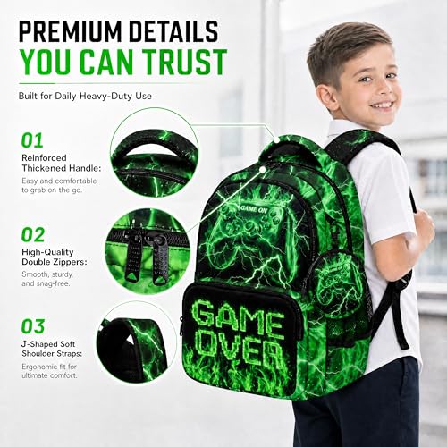 Game Backpack Set for Boys Kids – 17" Large Capacity Gaming School Bag with Lunch Box, Pencil Bag and Coin Purse (Green) - color: Green-1