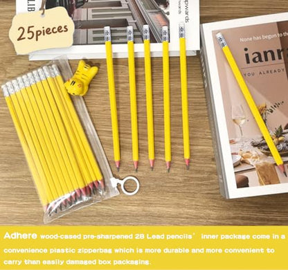 Adhere 25pcs Woodcase Pencils with Eraser Premium Pre-Sharpened Hexagon Graphite 2B pencils ideal for home, office writing including a Free Sharpener (Yellow・25pcs) - color: Yellow・25pcs