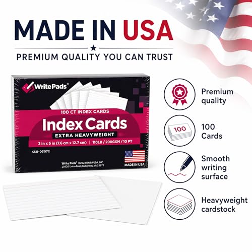 Heavyweight 3x5 Index Cards, Extra Thick Note Cards, Front Lined Back Blank Flash Cards, 110lb / 200gsm / 10pt Cardstock, 100 Sheets, Made in USA, for Studying, Classroom, Office Notes & Organization - color: White 3X5-100 Sheets Heavyweight