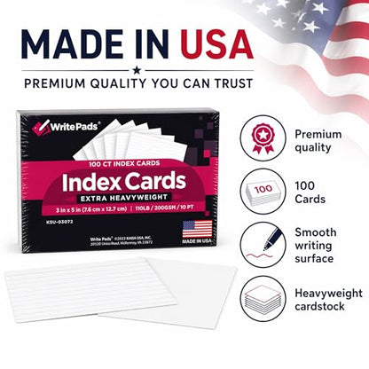 Heavyweight 3x5 Index Cards, Extra Thick Note Cards, Front Lined Back Blank Flash Cards, 110lb / 200gsm / 10pt Cardstock, 100 Sheets, Made in USA, for Studying, Classroom, Office Notes & Organization - color: White 3X5-100 Sheets Heavyweight