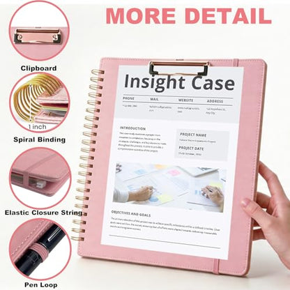 Pink Foldable Spiral Clipboard Folio with Storage Zipper Pouch, 5 Plastic Folders with Pockets,Refillable Lined Notepad (8.5" x 11"), Hardcover Project Organizer with 39 Stickers - color: Pink