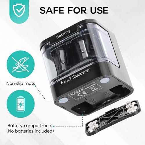 Eagle Electric Pencil Sharpener, Dual Holes, Battery Powered for School/Office/Art, 5s Fast Sharpening, Portable w/Large Shaving Tray & Replaceable Blades, for 6-12 mm Pencils (Black) - color: Black