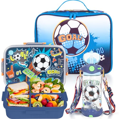 Kids Bento Lunch Box Set with 1200ml Leak-Proof Lunch Containers with 3 Compartments, 22oz BPA-Free Water Bottle, Insulated Lunch Bag for Back to School Kids Girls Boys - color: Soccer