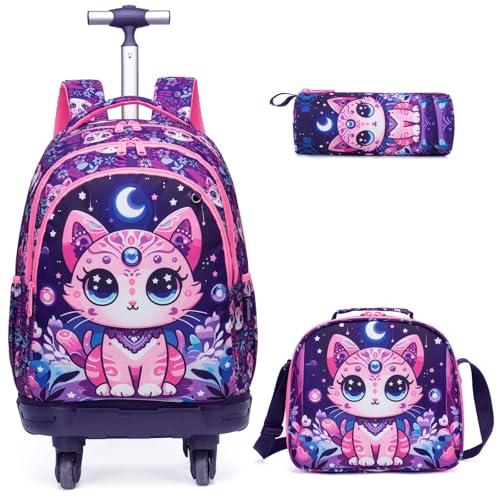 Kids Rolling Backpack for Girls Cats Suitcases Trolley Roller Luggage Backpacks with 360° Rotating Wheels 15" Laptop Lunch Box Pencil Case for Elementary 18" Travel School Bag Purple - color: Purple-maomi-1220