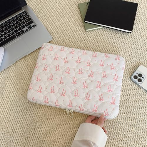 Cute Bow Laptop Sleeve 13 Inch, Puffy & Quilted Protective Case, Aesthetic Padded Computer Cover for Mac-Book, Tablet Compatible - color: Beige-Cute
