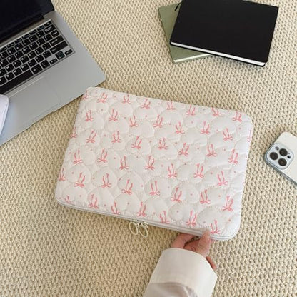 Cute Bow Laptop Sleeve 13 Inch, Puffy & Quilted Protective Case, Aesthetic Padded Computer Cover for Mac-Book, Tablet Compatible - color: Beige-Cute