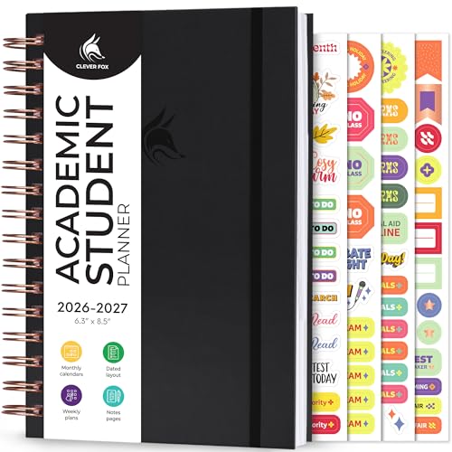 Clever Fox Academic Student Planner 2026-2027 – Hardcover Spiral-Bound Planner for School & College with Weekly & Monthly Calendar (Black) - color: Black