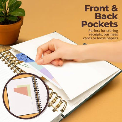 Hardcover Leather Lined Spiral Notebook 8x10" with Removable Dividers - Green - 300 Pages 5 Subject College Ruled Notebook for Work with Tabs, Pockets, and Pen Loop for Note Taking, Large Journal - color: Green
