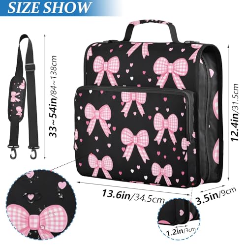 3 Ring Zipper Binder with Shoulder Strap Pink Bow Heart 2 Inch Zippered Binder Bag 500 Sheet Capacity Multi Pockets for School Supplies - color: Multi25