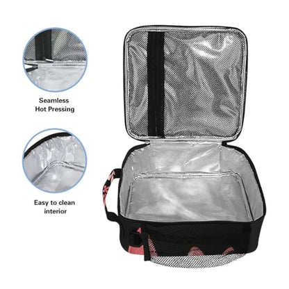 ALAZA Pink Red Bow Black Lunch Box Insulated Lunch Bag Kids Cooler Tote Bag Freezable Shoulder Strap Lunchbox for Girls School Picnic - color: Multi1057