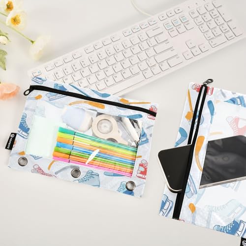 Pencil Pouch 3 Ring Sports Hockey Equipment Zipper Pencil Pouches Case Binder Cosmetic Bag 2 Pack for Office School College Supplies - color: Sports Hockey Equipment