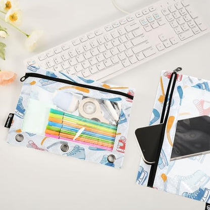 Pencil Pouch 3 Ring Sports Hockey Equipment Zipper Pencil Pouches Case Binder Cosmetic Bag 2 Pack for Office School College Supplies - color: Sports Hockey Equipment