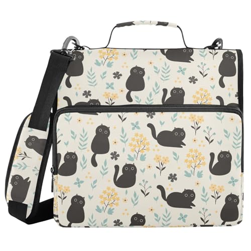 Cute Black Cats and Flowers Zipper Binder with Shoulder Strap Bag 3 Ring Binder Organizer Large Capacity Multiple Compartments for School Office - color: Multicolored 13