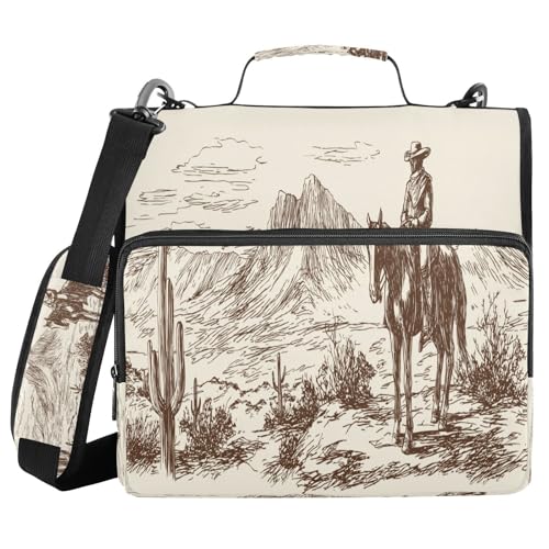 Western Desert Cowboy Zipper Binder for School with Shoulder Strap & Extra Pockets - 1.5 Inch 3-Ring Binder Holds 500+ Sheets, Textbooks, Laptop - color: Western Desert Cowboy