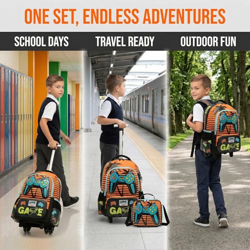 Kids Rolling Backpack for Boys Game Controller Trolley Suitcases Luggage with Wheels Bookbag Wheeled 3pcs Preschool Students Elementary Teenagers Lunch Box Pencil Case Yellow for Age 5-10 - color: Yellow-0201-shoubing