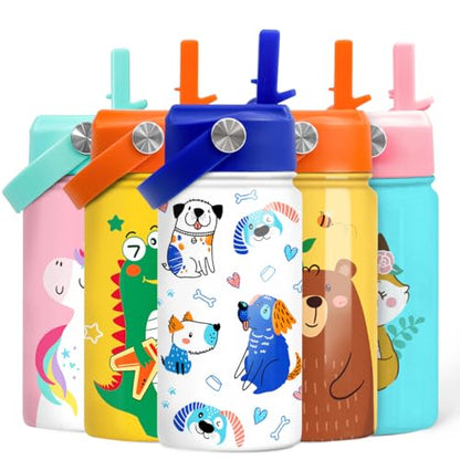 SANDJEST Dog Water Bottle - Kids Water Bottle with Straw Lid - 12 Oz Insulated Stainless Steel Water Bottles for Kid Boys - Travel Cup for School Sports - color: Dog