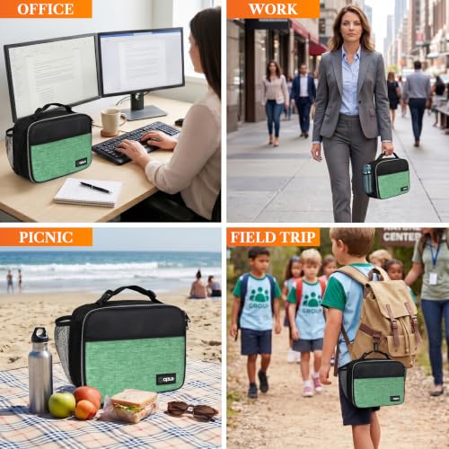 opux Insulated Lunch Bag for Kids, Reusable Lunch Box for School with Leakproof Lining, Compact Soft Cooler Tote for Boys & Girls, Front Pocket, Mesh Side Bottle Holder (Heather Green) - color: Heather Green