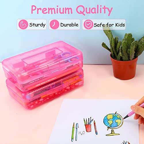 Sooez 1 Pack Pencil Case, Clear Pencil Box with Stickers, Large Plastic Crayon Box with Snap-tight Lid, Stackable Storage Box Art Craft Marker Organizer Box for Kids Boys Back to School, Pink | Clear Pink, Large Capacity, Stickers, Snap-tight Lid, Stackab