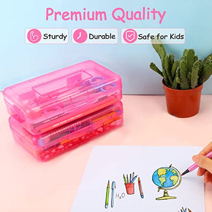 Sooez 1 Pack Pencil Case, Clear Pencil Box with Stickers, Large Plastic Crayon Box with Snap-tight Lid, Stackable Storage Box Art Craft Marker Organizer Box for Kids Boys Back to School, Pink | Clear Pink, Large Capacity, Stickers, Snap-tight Lid, Stackab
