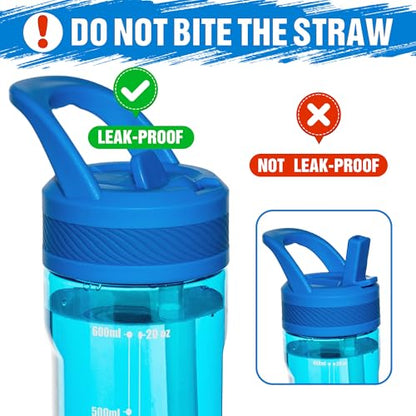 OLDLEY 20oz Kids Water Bottle with Straw, BPA-Free Tritan Water Bottle for School, Leakproof Clear Water Bottle with One Click Open, Measurement Scale, Cup Holder Friendly for Boys Girls,Blue - color: Blue