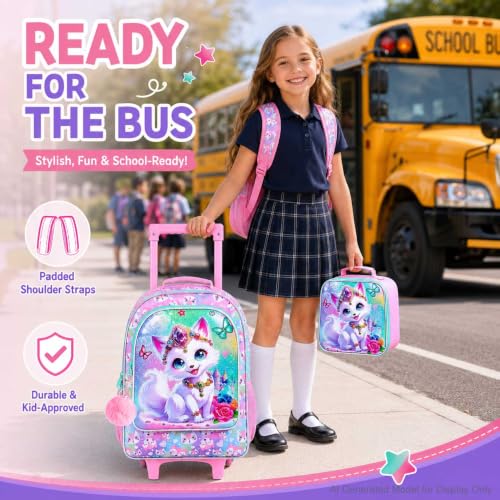 3Pcs Rolling Backpack for Girls, Fox Kids School Backpacks with Wheels, Roller Bookbag with Lunch Box for Elementary Preschool(White) - color: Fox Pink