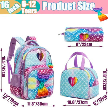 Backpack for Girls Elementary Preschool Kids Lunch Box for School - color: Mermaid Bag