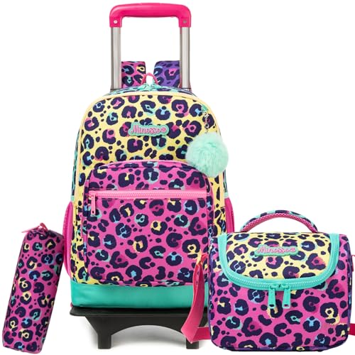 Rolling Backpack for Kids Girls Rolling Backpack for School Backpacks with Wheels for Kids 8-12 Leopard Print Love Roller Backpacks for Girls with Lunch Box - color: Purple Leopard Print