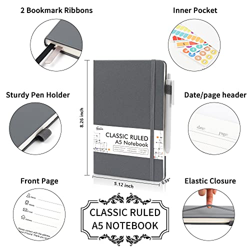 feela 24 Pack Journal Notebook for Work, Business Notebook Bulk Hardcover Lined Writing Journal with Pen Holder for Men Women Note Taking, with 24 Black Pens, 120 GSM, 5.1”x8.3”, A5, Gray - color: 24 Pack gray