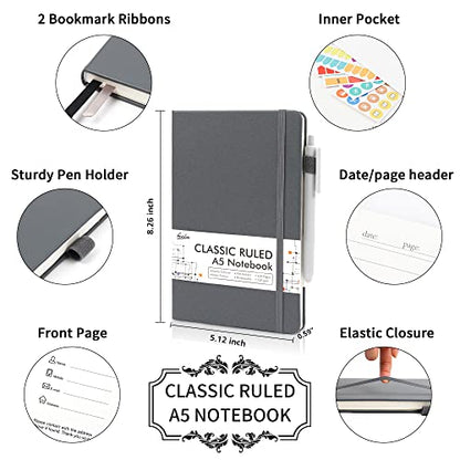 12 Pack Notebooks Journals Bulk with 12 Black Pens, Feela A5 Hardcover Notebook Classic Ruled Journal Set with Pen Holder for School Business Work Travel Writing, 120 GSM, 5.1”x8.3”, Gray - color: 12 Pack gray