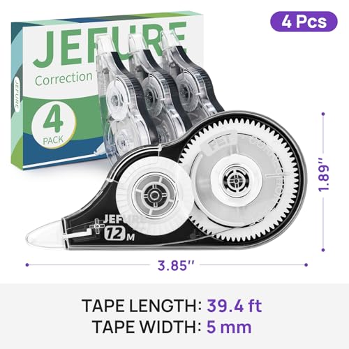 4 Pcs Correction Tape, 39.37 Ft White Wrong Out Tear-Resistant Bulk, Instant Corrections Easy to Use Applicator for School, Office, Note Taking, Journal (Tape Width 0.2 in，Clear) - size: 1 Count (Pack of 4)