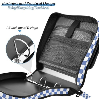 Blue White Checkered Binder Bag 3 Ring Zipper Binders with Shoulder Strap for School Office Organizer Storage - color: Q003