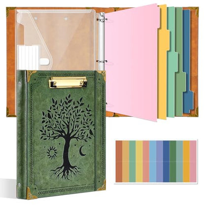 Ovesmusl 1 Inch 3 Ring Binder with Clipboard Leather Round Ring Binder with 5 Dividers, Plastic Folder, 400 Divider Stikers, Fits 175 Sheets 8.5"x11" Letter Size Paper, Tree of Life Green - color: Green Tree
