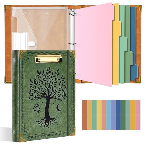 Ovesmusl 1 Inch 3 Ring Binder with Clipboard Leather Round Ring Binder with 5 Dividers, Plastic Folder, 400 Divider Stikers, Fits 175 Sheets 8.5"x11" Letter Size Paper, Tree of Life Green - color: Green Tree