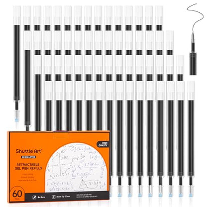 Retractable Gel Pen Refills, Shuttle Art 60 Pack Black Rollerball Gel Ink Pens Refills, Bulk Set, 0.7mm Fine Point for Writing Journaling Taking Notes School Office Home - color: Black, size: 60 Count (Pack of 1)
