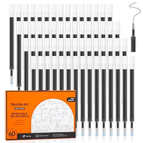 Retractable Gel Pen Refills, Shuttle Art 60 Pack Black Rollerball Gel Ink Pens Refills, Bulk Set, 0.7mm Fine Point for Writing Journaling Taking Notes School Office Home - color: Black, size: 60 Count (Pack of 1)