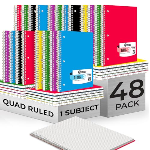 Rosmonde Bulk 1 Subject Spiral Notebook Graph Paper, 50 Pack, 70 Sheets | Bulk 4x4 Grid Quad Ruled Spiral Notebook, 3 Hole Punched, 140 Pages, 8 x 10-1/2, Bulk Quad Ruled Graph Paper Spiral Notebooks - size: 50 Pack