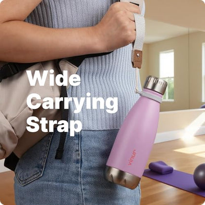 Small Water Bottle-12 oz Leak Proof Insulated Water Bottle with Carry Rope | Double Wall Vacuum Stainless Steel Water Bottle for Travel, School, Cola Shape Flask with Carry Rope (Purple Pink) - color: Purple Pink, size: 12 Ounces