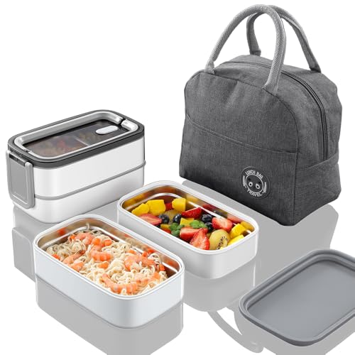 Stainless Steel Lunch Box - Bento Box Multifunctional Containers with Insulation Bag, 3 Compartments-Layered Design for Work Picnic Travel, 1.35L Capacity, with Fork and Spoon